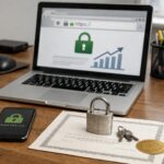 SSL certificate and HTTPS security guide showing an encrypted connection between a web browser and website server.